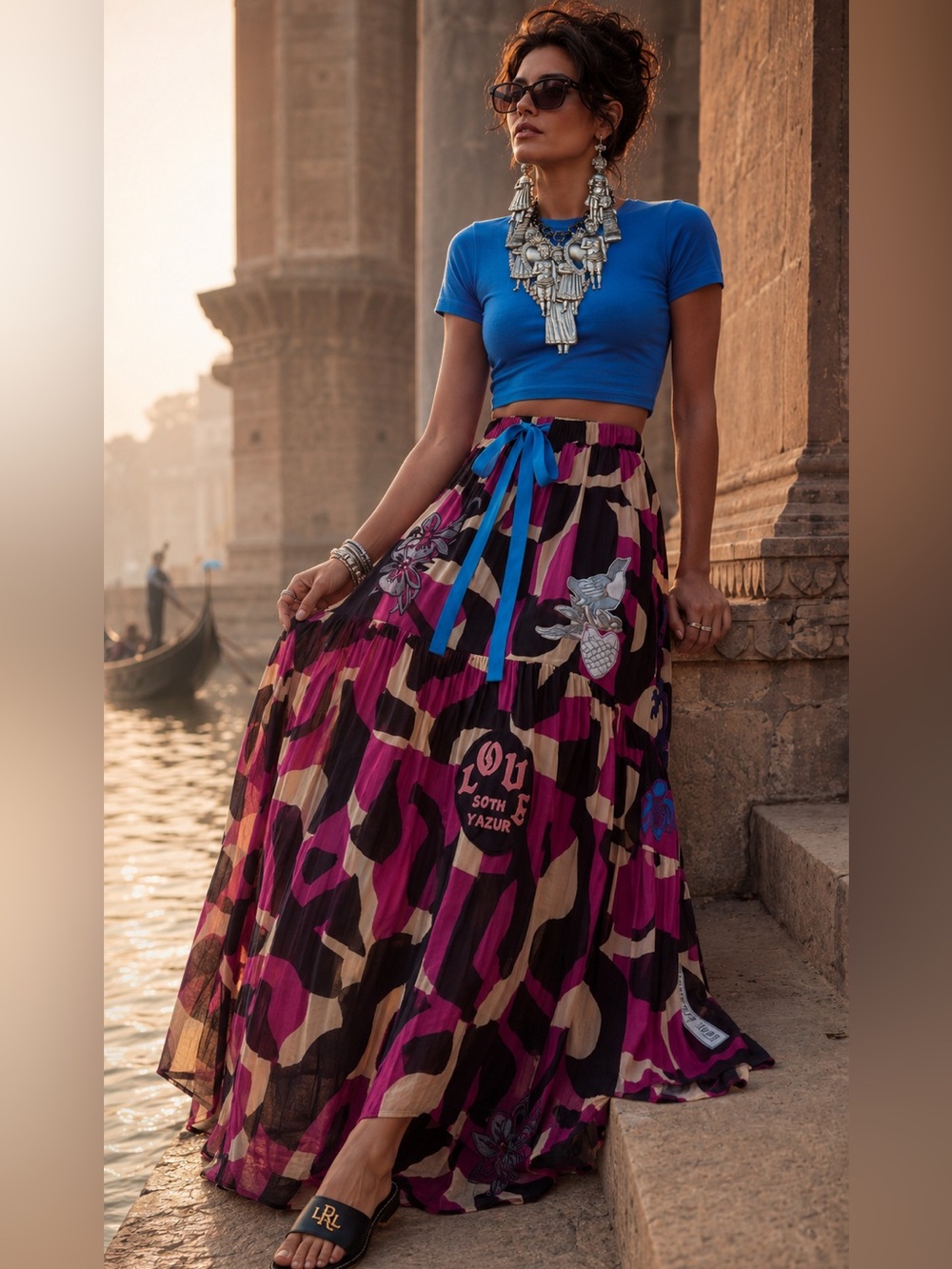 “Little bits of happiness”  Magenta, Black & Cream Floral Patch Maxi Skirt